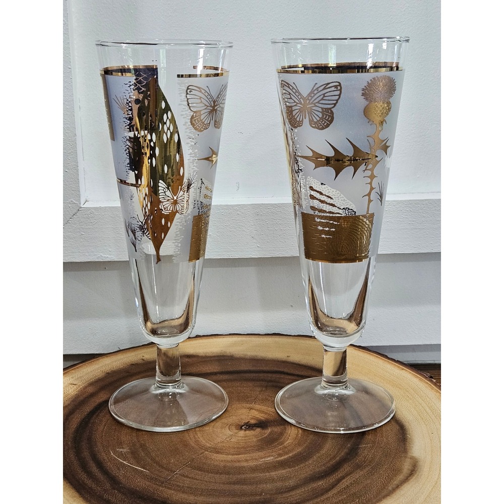 VTG MCM 22 KT Gold Butterfly Thistle Frosted Fred Press Champagne Set of 2 - Picture 2 of 8